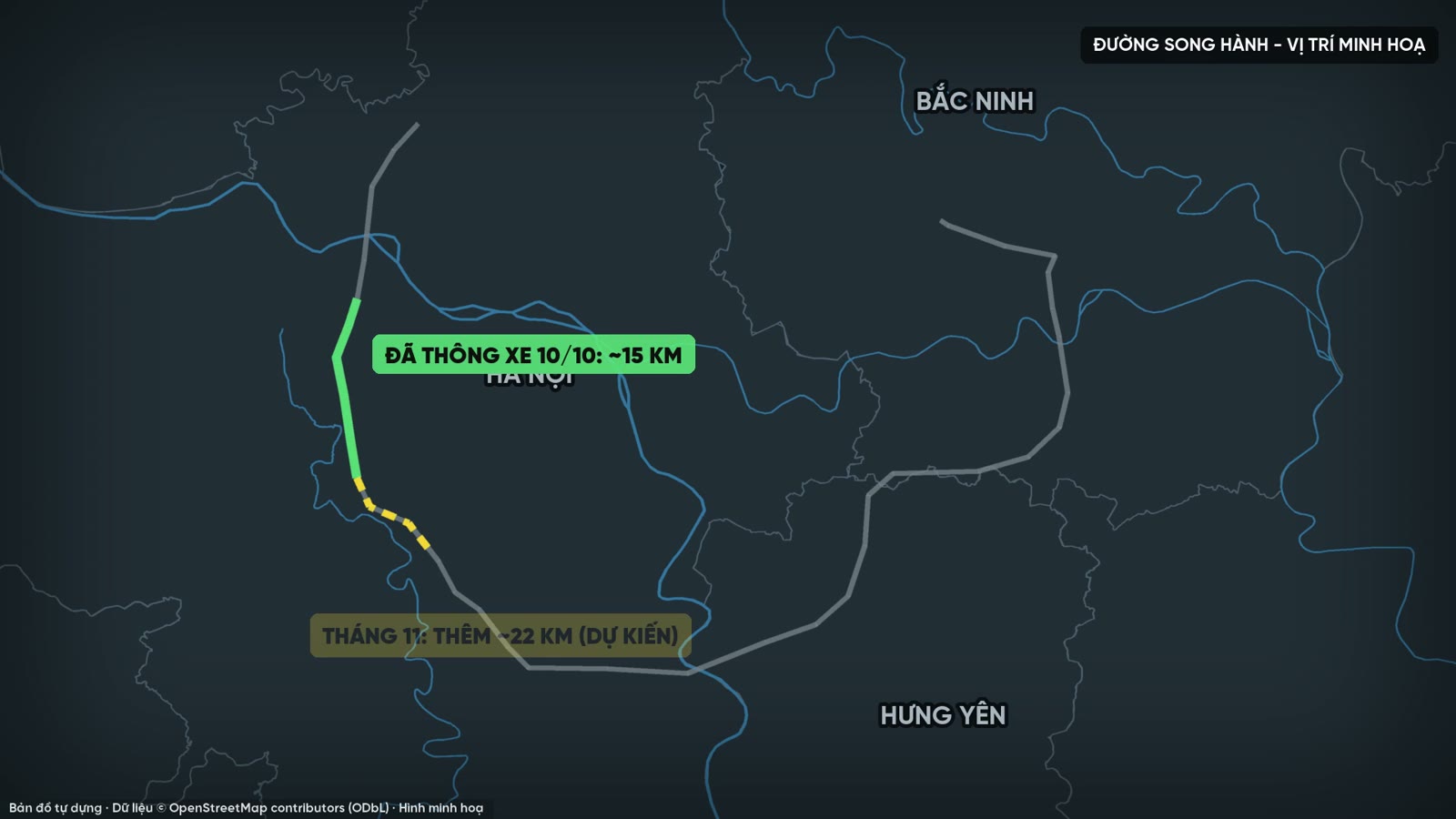 Bản đồ đoạn đường song hành vành đai 4 đã thông xe khoảng 15 km