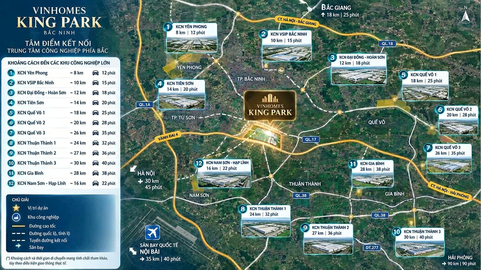 Bản đồ kết nối Vinhomes King Park Bắc Ninh tới các khu công nghiệp, Hà Nội và sân bay Nội Bài