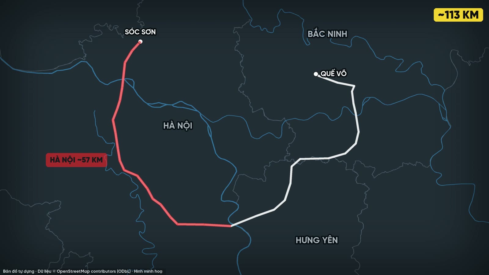 Bản đồ toàn tuyến vành đai 4 vùng thủ đô khoảng 113 km từ Sóc Sơn qua Hà Nội, Hưng Yên lên Quế Võ, Bắc Ninh