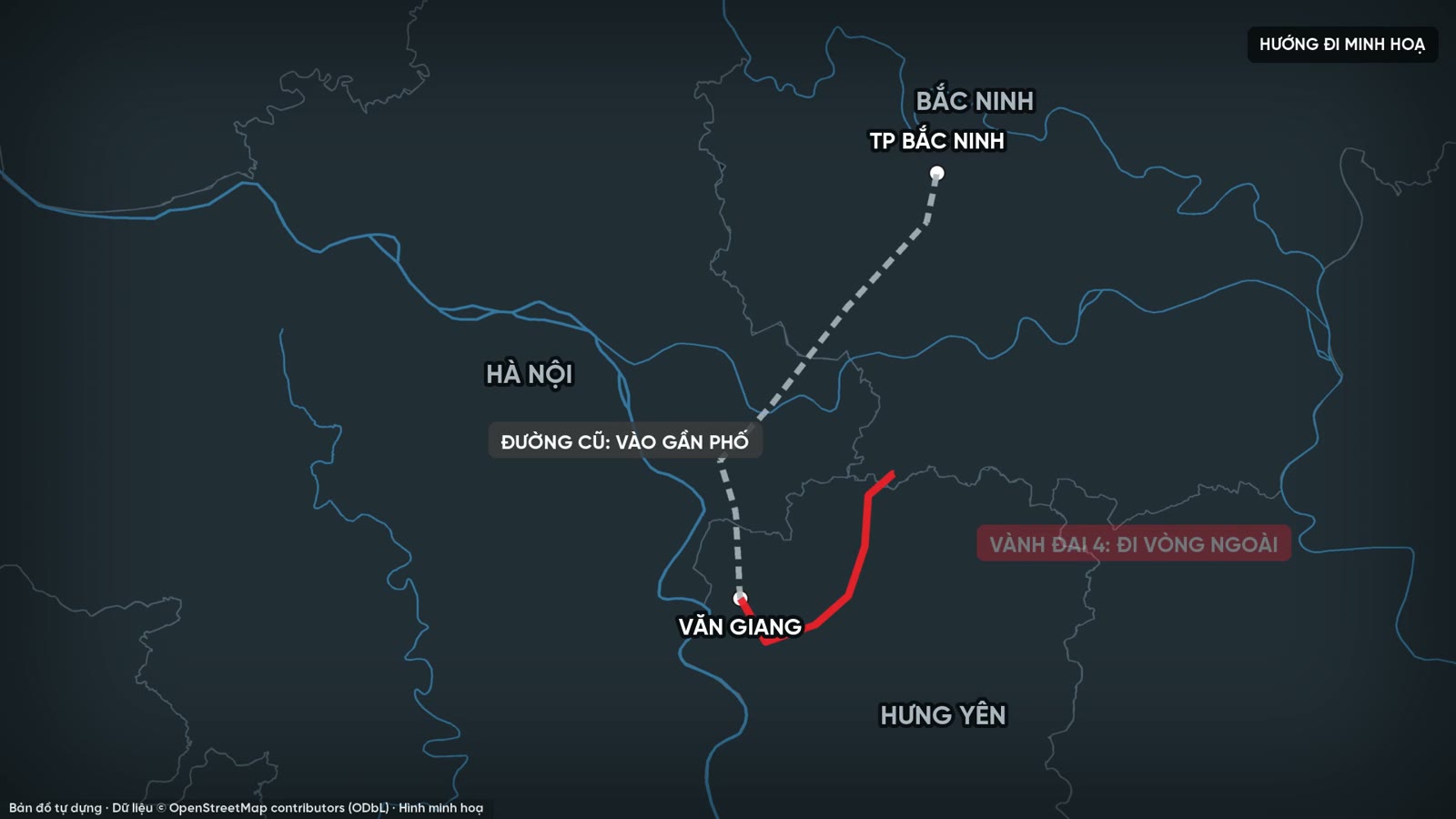 Bản đồ so sánh đường từ Văn Giang đi Bắc Ninh: đường cũ vào gần phố và đường vành đai 4 vòng ngoài
