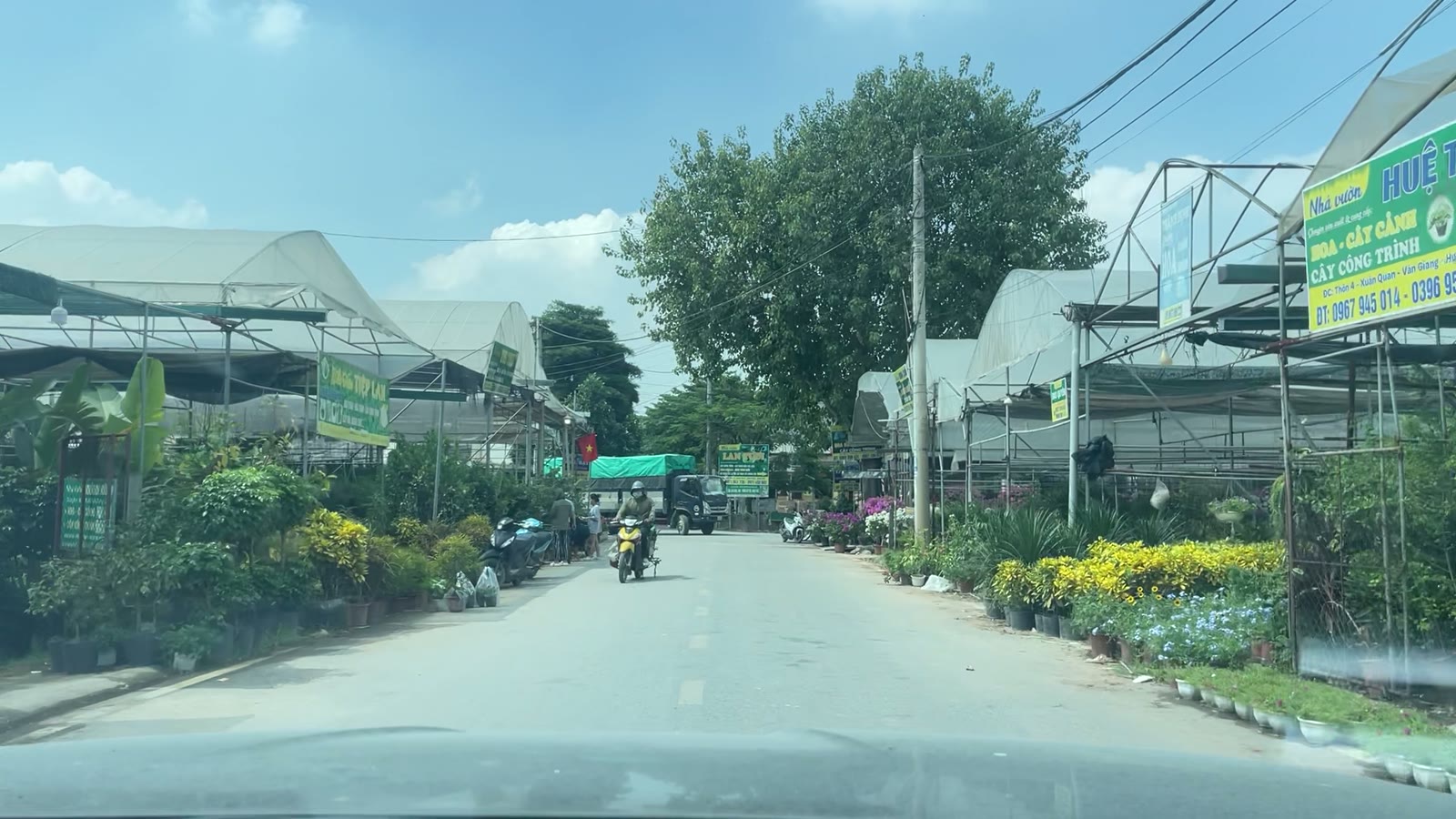 Dãy nhà lưới bán hoa, cây cảnh hai bên đường ở làng hoa Phụng Công, Văn Giang