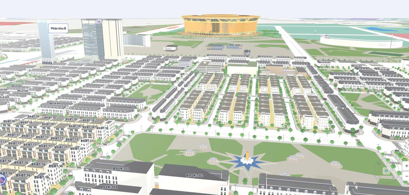 Mặt bằng 3D phân khu B Vinhomes Olympic với các dãy nhà thấp tầng và sân vận động phía xa