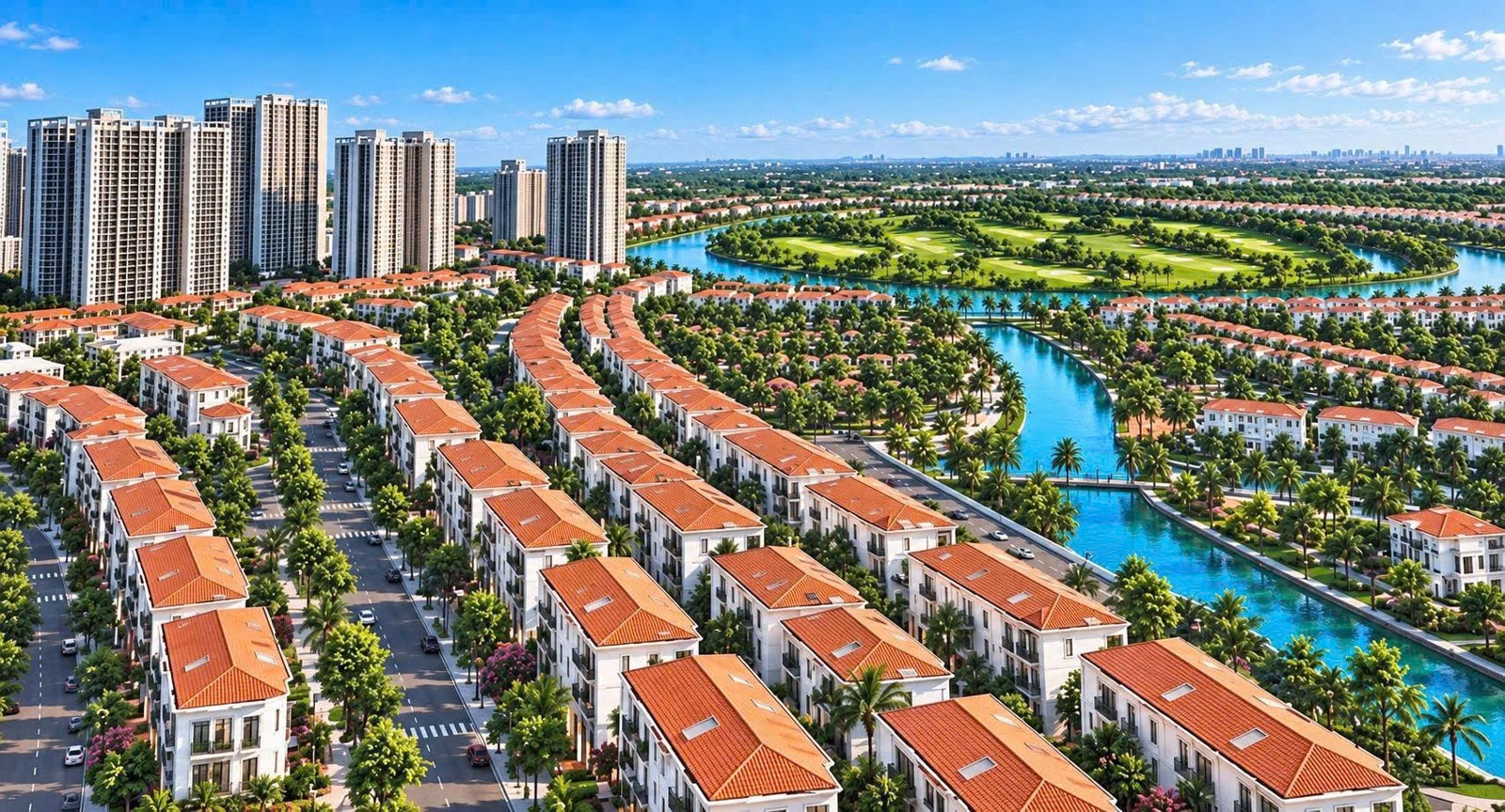 Phối cảnh khu biệt thự mái đỏ ven kênh nhìn từ trên cao