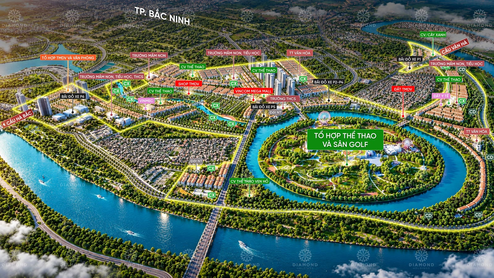 Phối cảnh tổng thể Vinhomes Bắc Ninh trên bán đảo Hòa Long, sông Cầu bao quanh, phía xa là thành phố Bắc Ninh