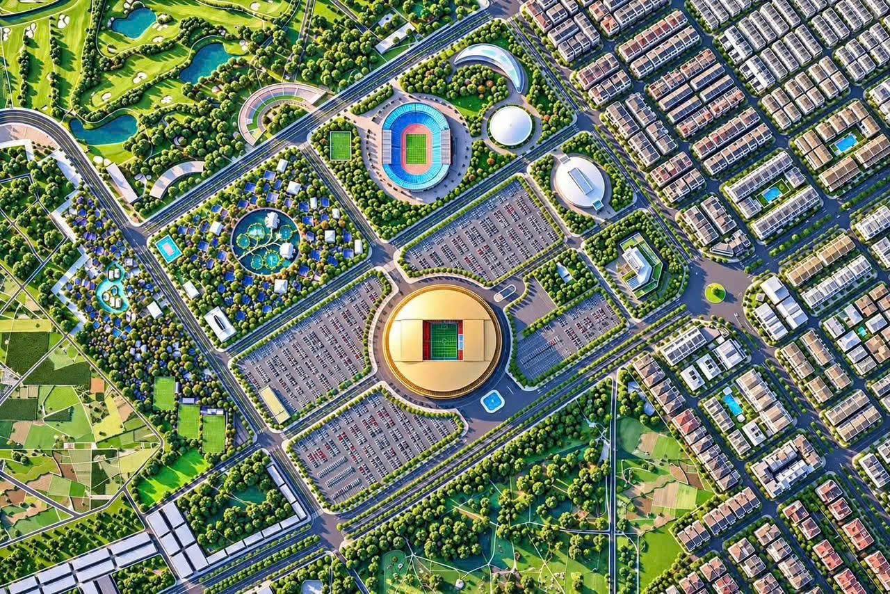 Phối cảnh tổng thể khu sân vận động Vinhomes Olympic nhìn từ trên cao với cây xanh, hồ và các dãy nhà