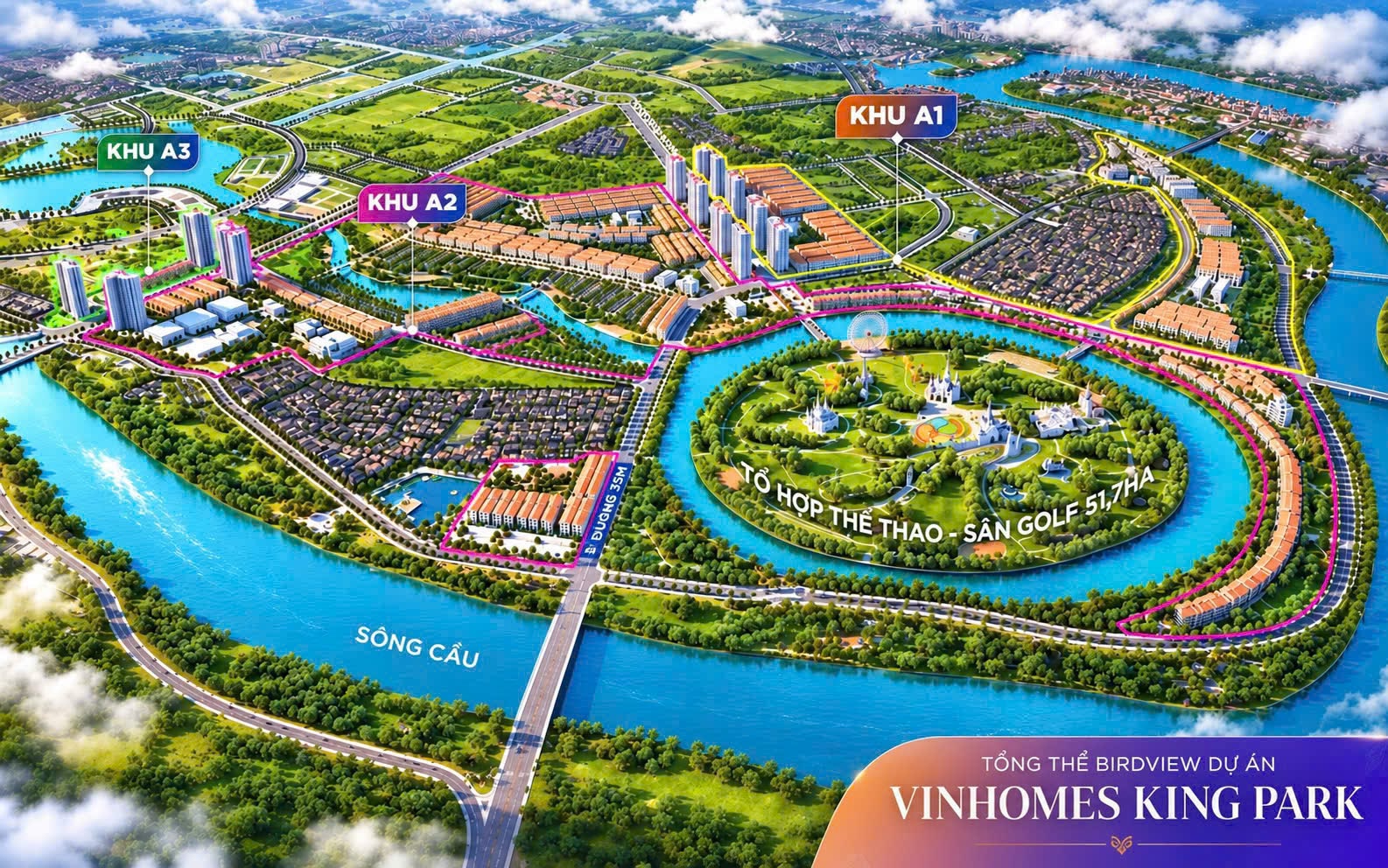 Phối cảnh dự án Vinhomes King Park Bắc Ninh bên sông Cầu với tổ hợp thể thao ở giữa