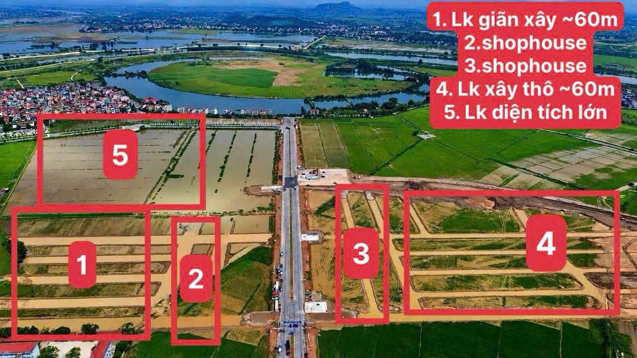 Ảnh chụp từ trên cao công trường đánh dấu vị trí các khu liền kề và shophouse